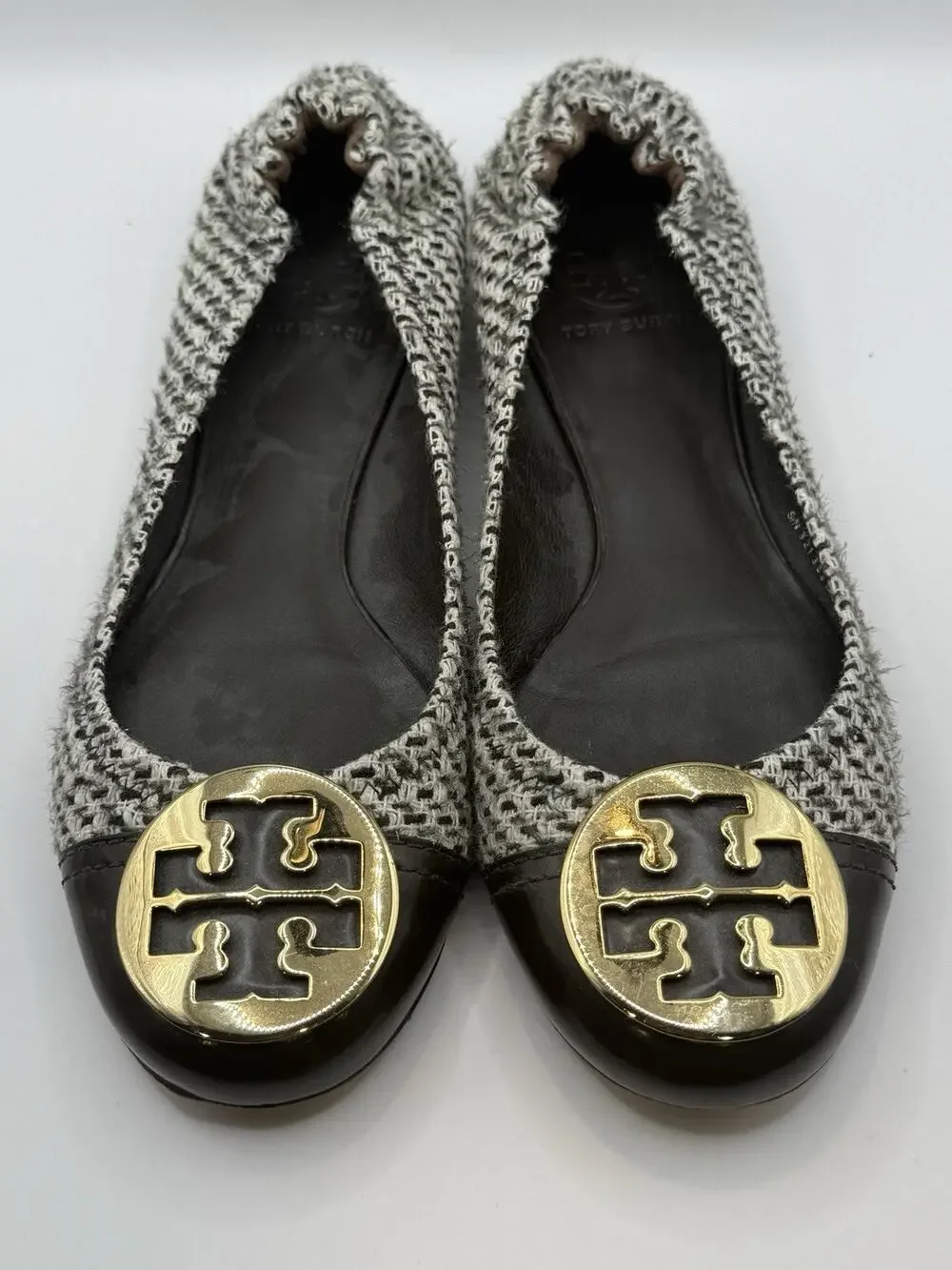 Tory Burch Serena Reva Tweed Logo Flats Sz 8.5